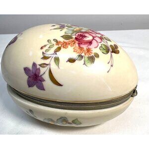 Vintage Lefton Japan Porcelain Egg-Shaped Trinket Box With Floral & Butterfly De